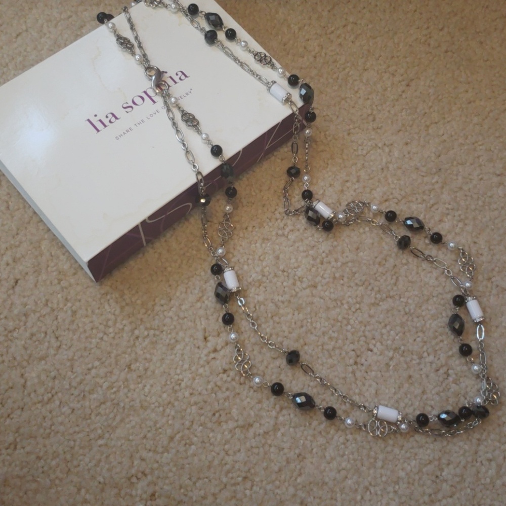 Lia Sophia Long Black and White Bead Necklace